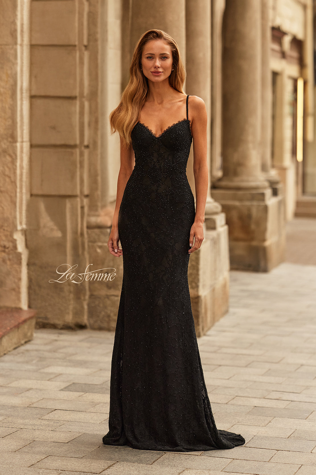 La Femme 33514 Sleeveless Beaded Lace Sheath Gown