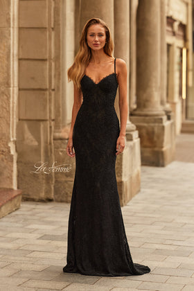 La Femme 33514 Sleeveless Beaded Lace Sheath Gown