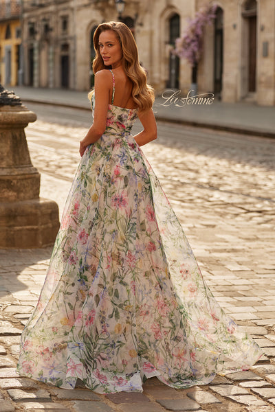 La Femme 33516 Floral Print A-Line Long Gown with Slit