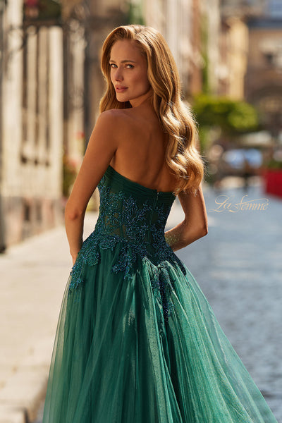 La Femme 33528 Strapless Embroidered Corset Gown with Slit