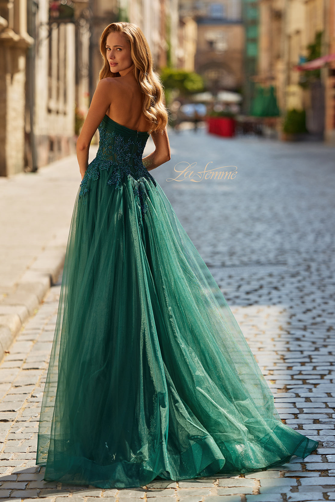 La Femme 33528 Strapless Embroidered Corset Gown with Slit
