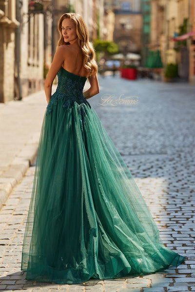 La Femme 33528 Strapless Embroidered Corset Gown with Slit