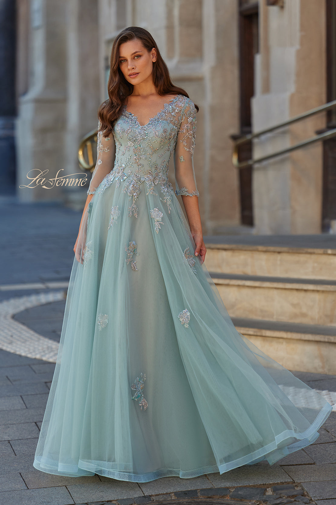 La Femme 33536 Embroidered Illusion Sleeve A-Line Gown