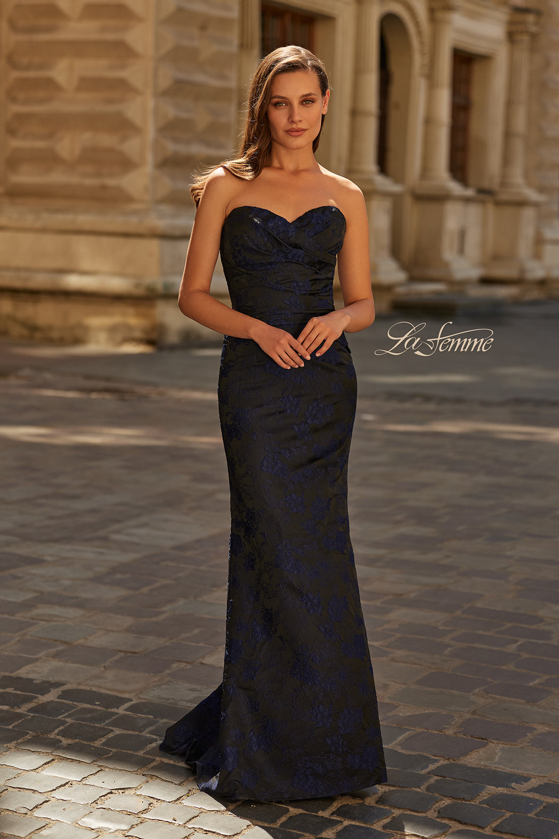 La Femme 33539 - Jacquard Sweetheart Fitted Formal Gown In Blue
