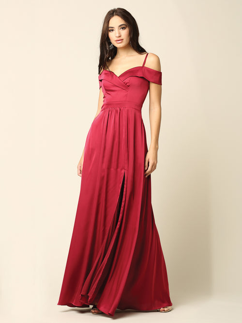 Off Shoulder Satin Evening Gown with Slit A-Line Formal Dress by Eva USA 3355