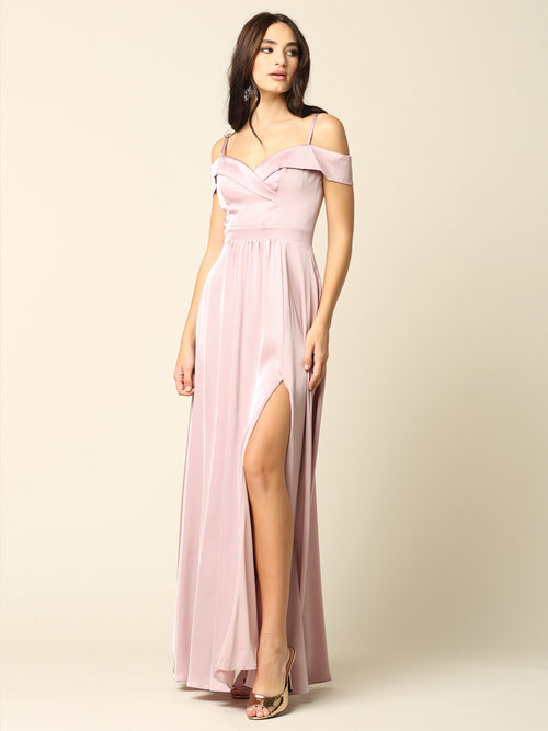 Off Shoulder Satin Evening Gown with Slit A-Line Formal Dress by Eva USA 3355
