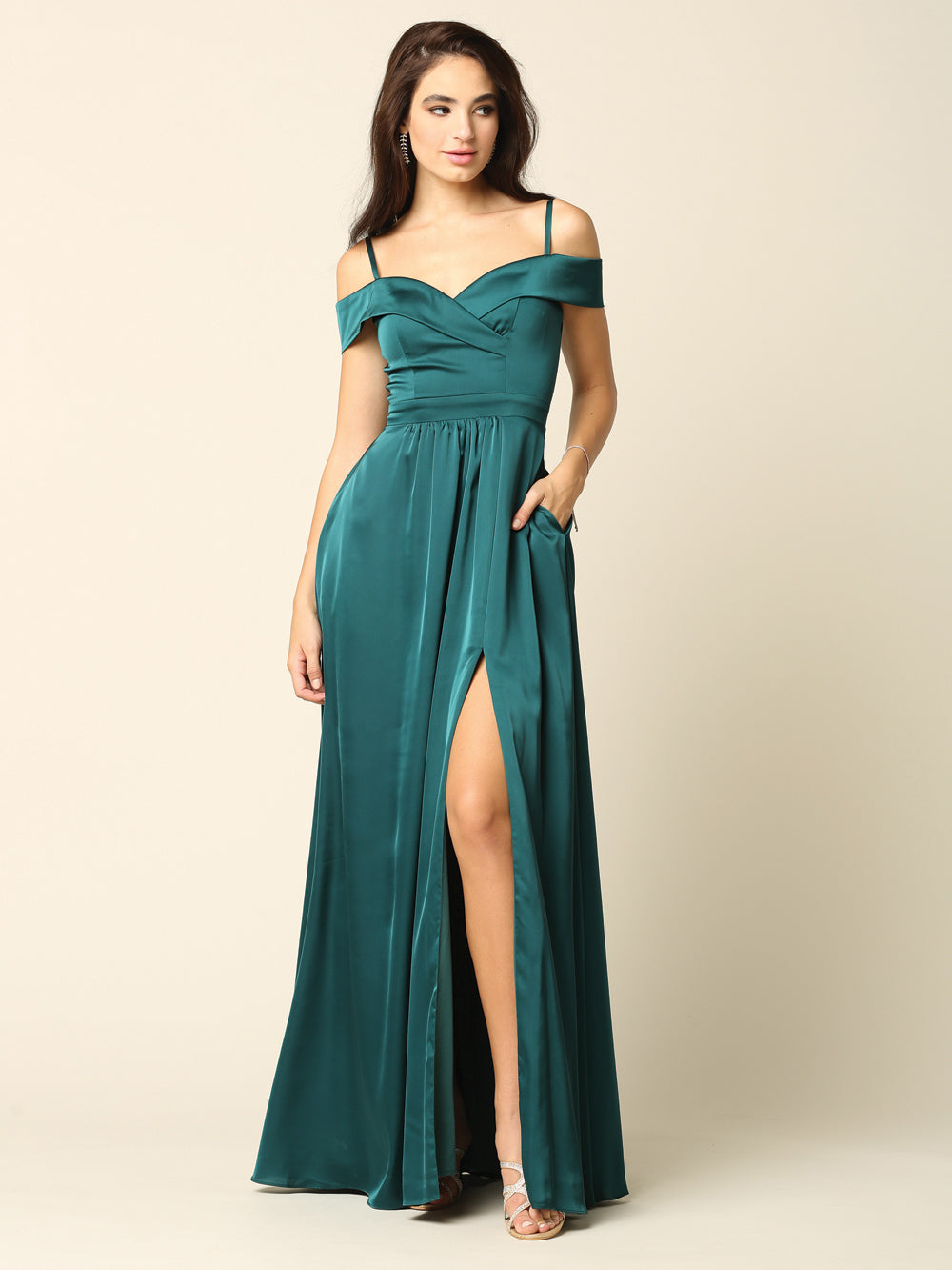 Off Shoulder Satin Evening Gown with Slit A-Line Formal Dress by Eva USA 3355