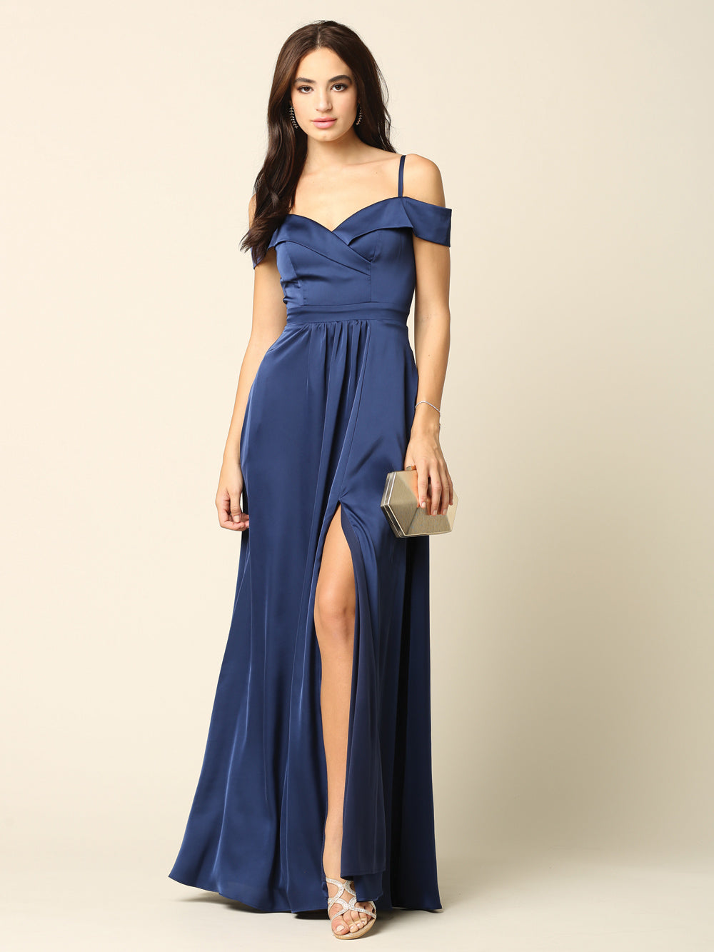 Off Shoulder Satin Evening Gown with Slit A-Line Formal Dress by Eva USA 3355
