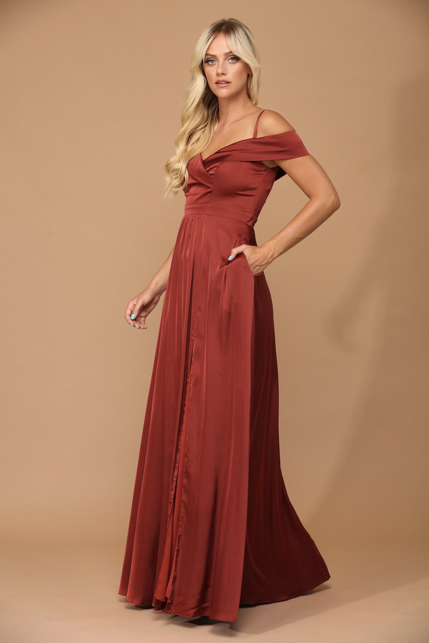 Off Shoulder Satin Evening Gown with Slit A-Line Formal Dress by Eva USA 3355