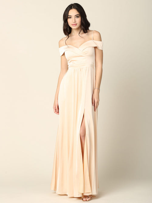 Off Shoulder Satin Evening Gown with Slit A-Line Formal Dress by Eva USA 3355