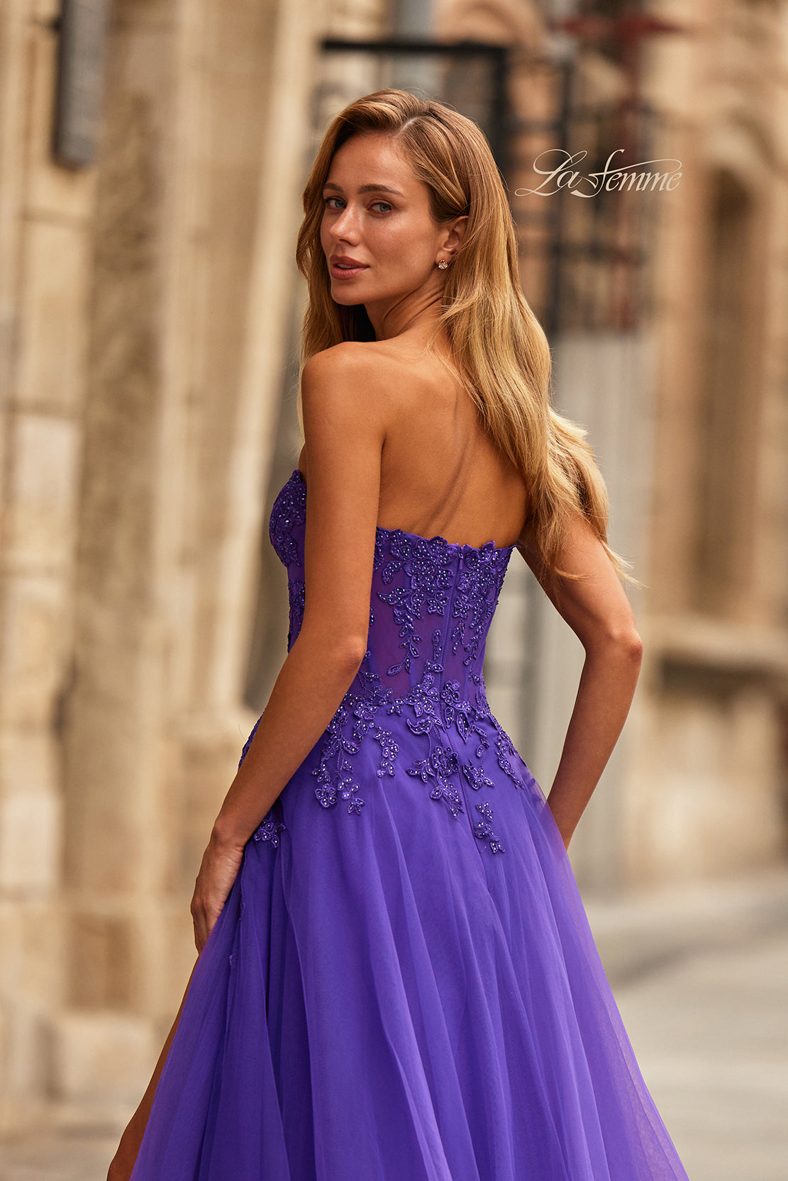 La Femme 33551 Lace Appliqué A-Line Layered Gown