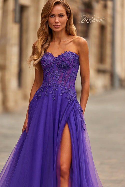 La Femme 33551 Lace Appliqué A-Line Layered Gown