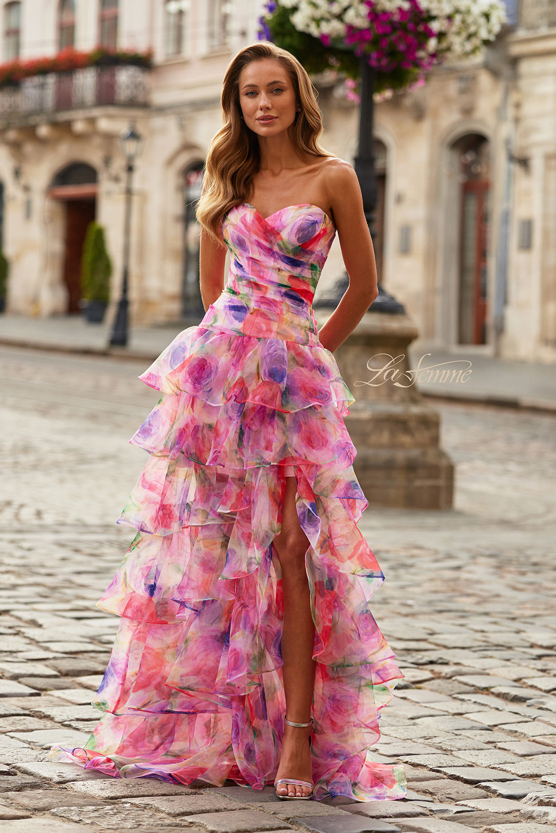 La Femme 33555 - Strapless Tiered Floral Print Prom Gown In Multi