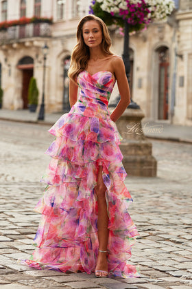 La Femme 33555 Strapless Tiered Floral Print Prom Gown