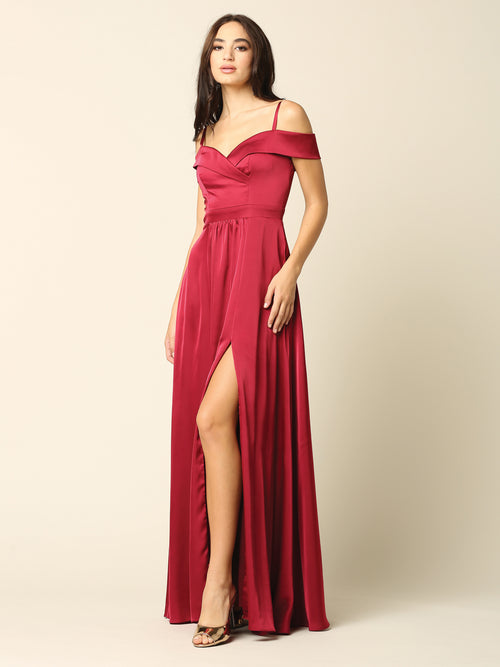 Off Shoulder Satin Evening Gown with Slit A-Line Formal Dress by Eva USA 3355