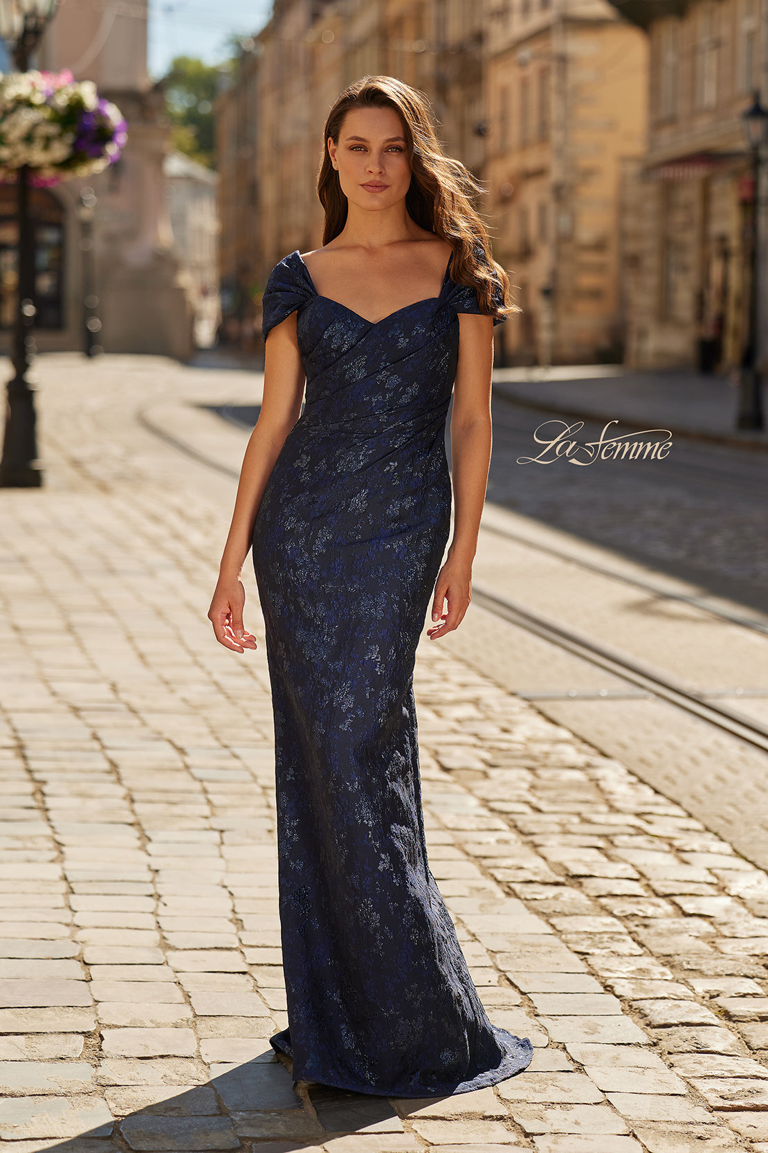 La Femme 33571 - Floral Texture Sweetheart Formal Gown In Blue