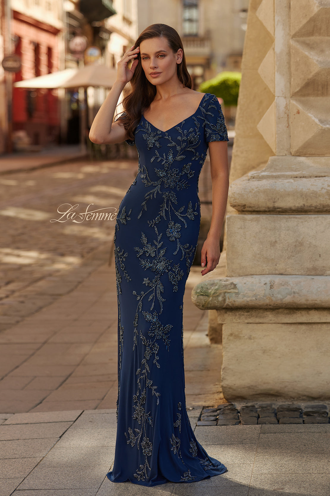 La Femme 33577 - Short Sleeve Beaded Floral Formal Gown In Blue