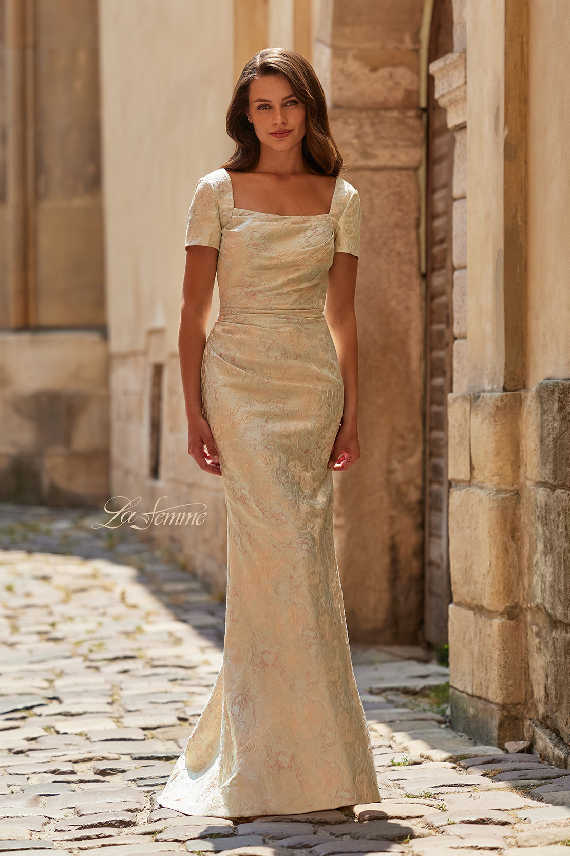 La Femme 33598 Short Sleeve Print Jacquard Formal Gown