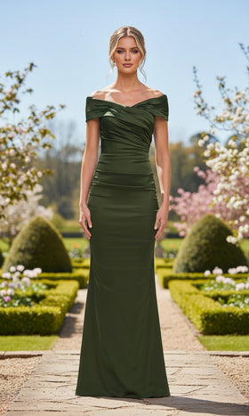 La Femme 33620 Floor-Length Off-the-Shoulder Ruched Satin Prom Dress