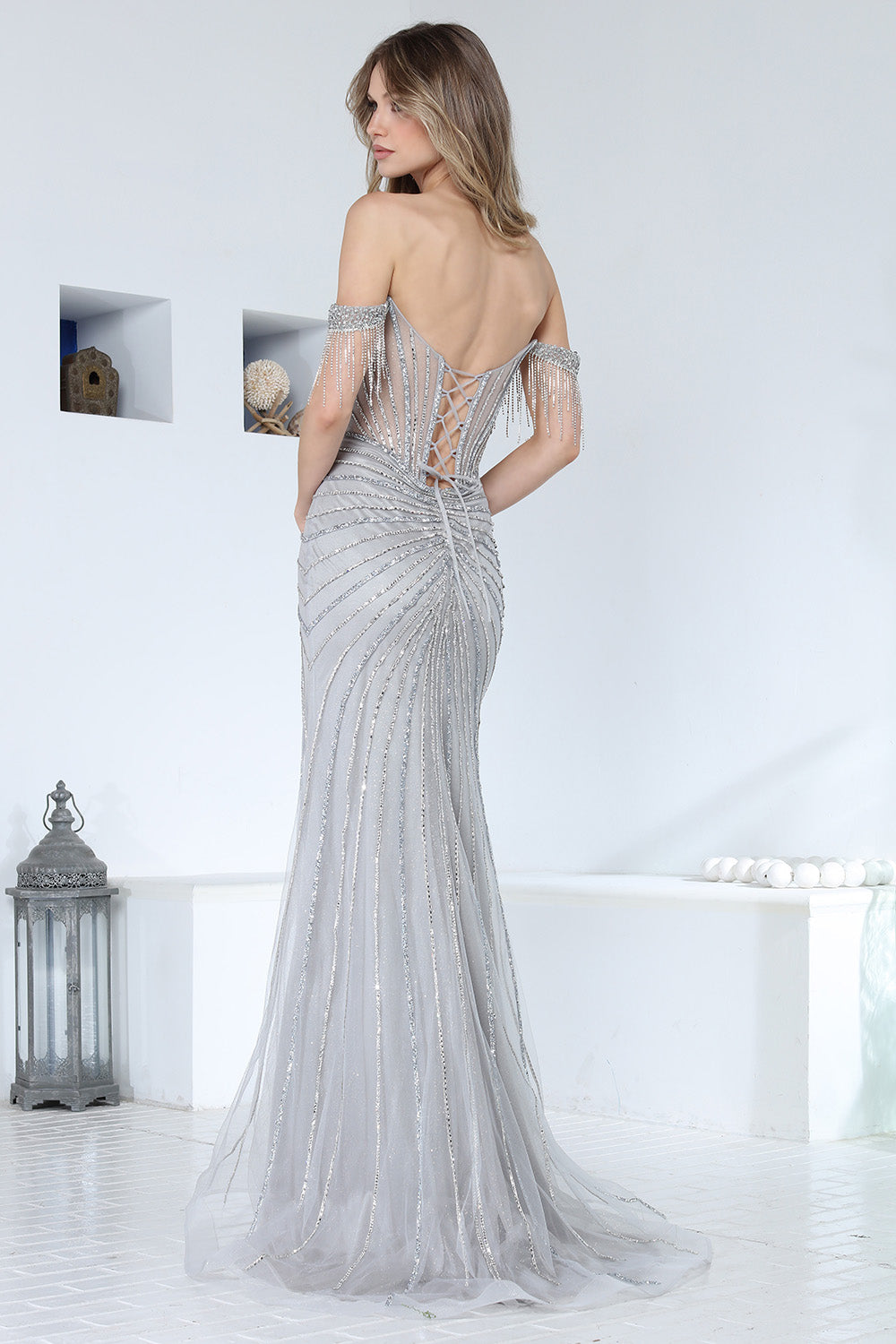 Adora Design BLACK Glitter Tulle with Crystal Beadwork Sheath Long Formal Dress