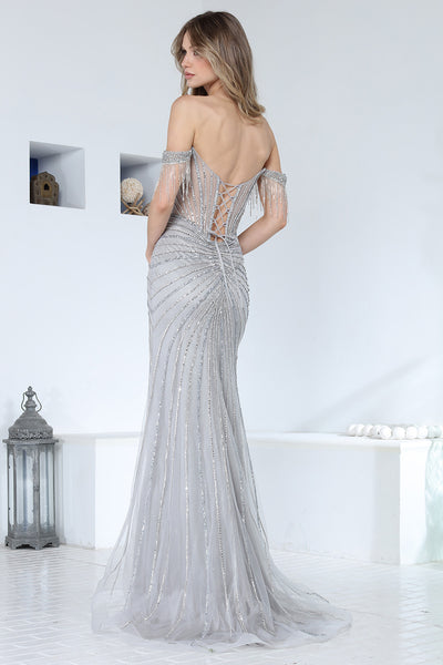 Adora Design BLACK Glitter Tulle with Crystal Beadwork Sheath Long Formal Dress