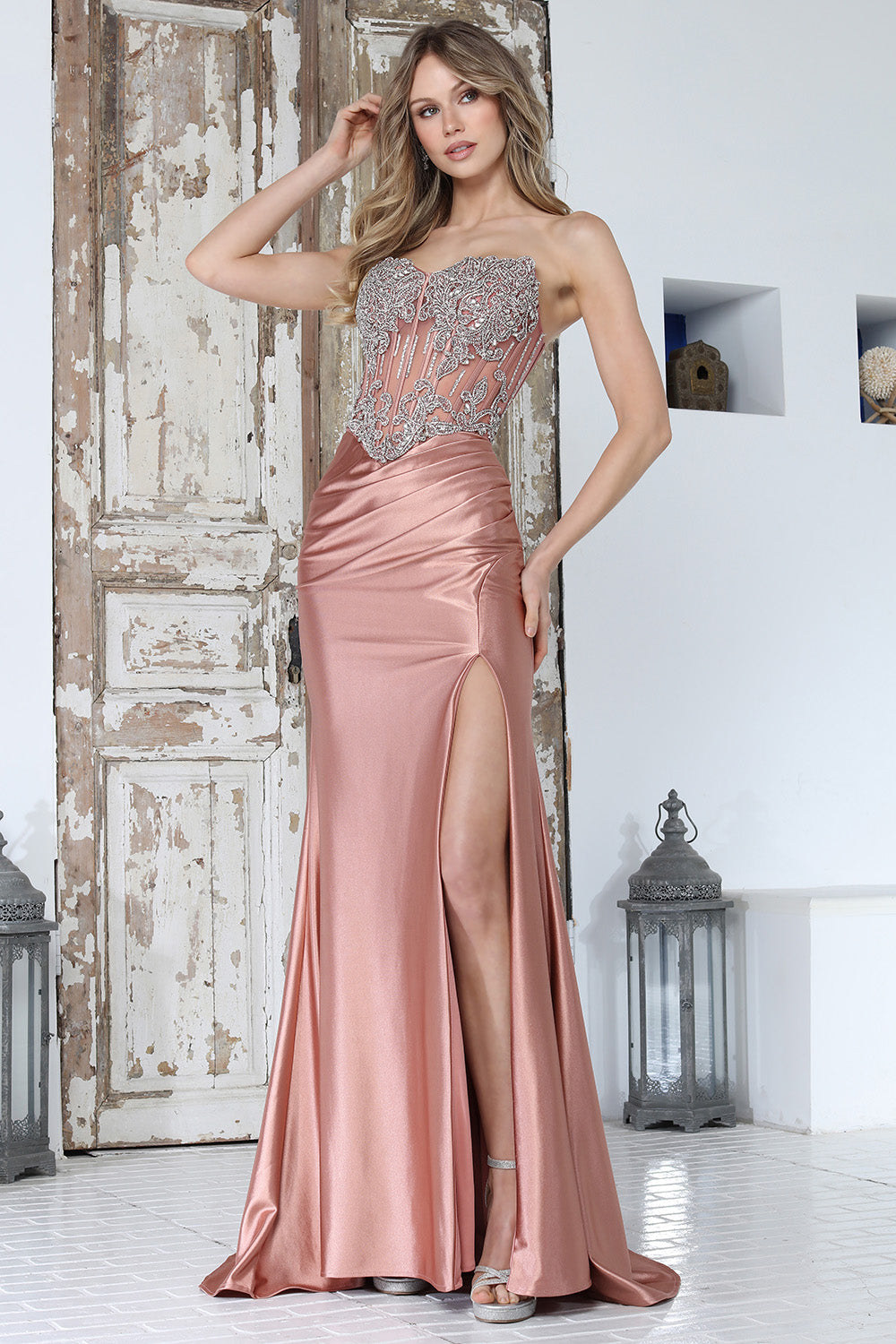 Prom Dresses Long Formal Fitted Beaded Slit Prom Dress Adora Design 3369 Rose Gold