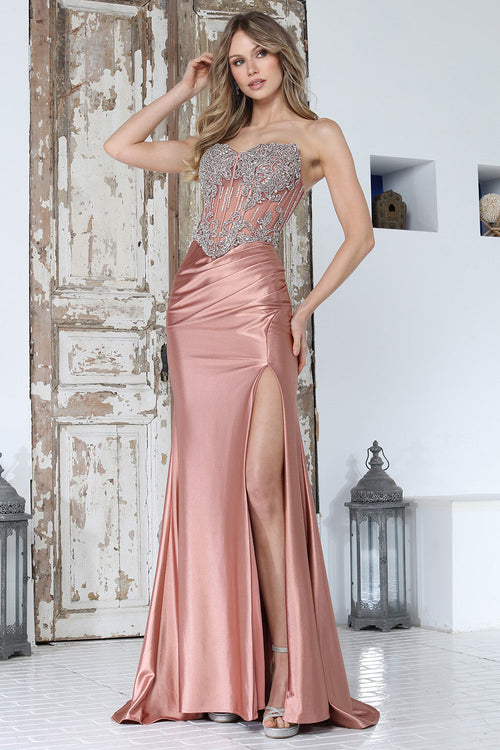 Prom Dresses Long Formal Fitted Beaded Slit Prom Dress Adora Design 3369 Rose Gold