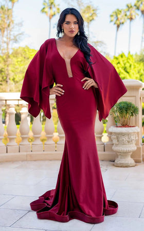 Jessica Angel JA336 V-Neck Illusion Mermaid Open Back Train Jersey Dress