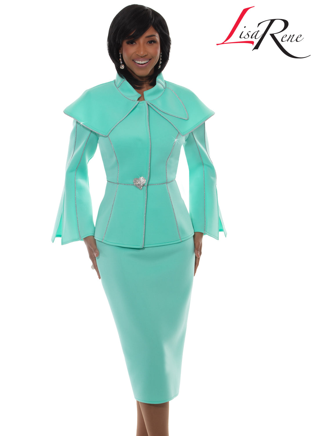 2-Piece Peplum Jacket Skirt Suit Church Suit with Bell Sleeves by Tesoro Moda 3377