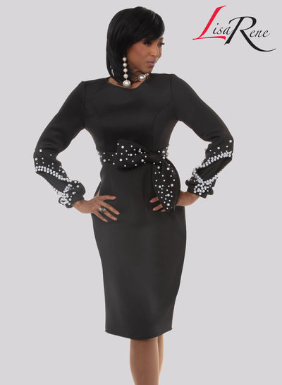 Jewel Neck Long Sleeve Pearl-Embellished Cuff Bow-Waist Sheath Church Dress by Tesoro Moda 3378