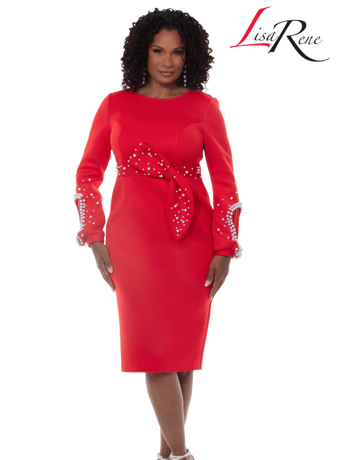 Jewel Neck Long Sleeve Pearl-Embellished Cuff Bow-Waist Sheath Church Dress by Tesoro Moda 3378