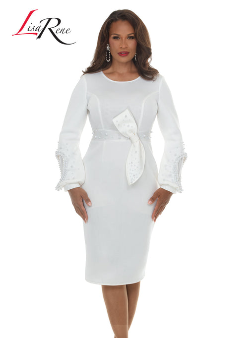 Jewel Neck Long Sleeve Pearl-Embellished Cuff Bow-Waist Sheath Church Dress by Tesoro Moda 3378