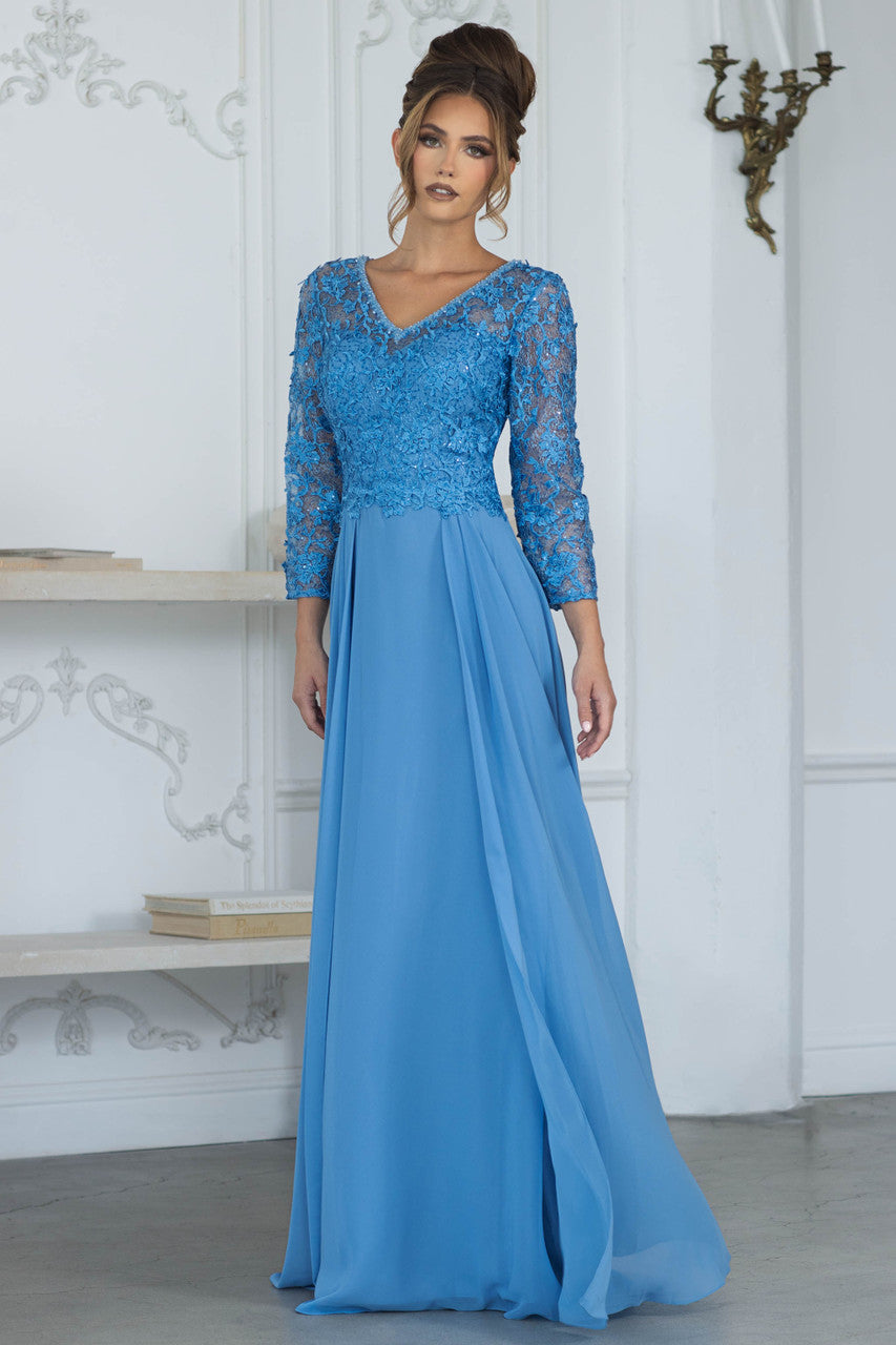 Long Formal Gown with Lace Bodice and Chiffon Skirt, 3/4 Sleeve V-Neck Dress by Lenovia 8375
