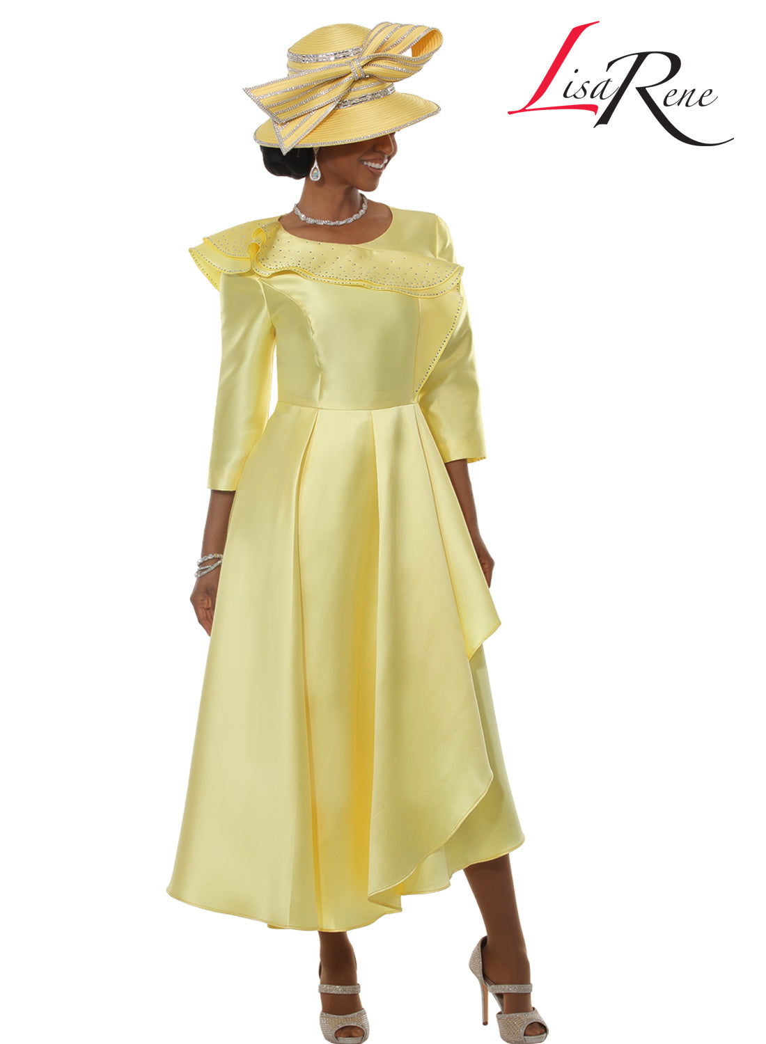 Round Neck 3/4 Sleeve Rhinestone Trim Asymmetric Ruffle Collar Pleated Dress by Tesoro Moda 3380