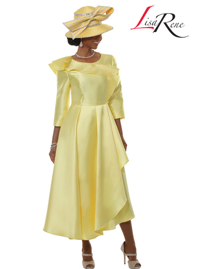 Round Neck 3/4 Sleeve Rhinestone Trim Asymmetric Ruffle Collar Pleated Dress by Tesoro Moda 3380