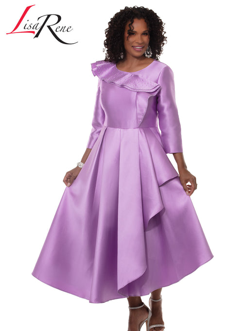 Round Neck 3/4 Sleeve Rhinestone Trim Asymmetric Ruffle Collar Pleated Dress by Tesoro Moda 3380