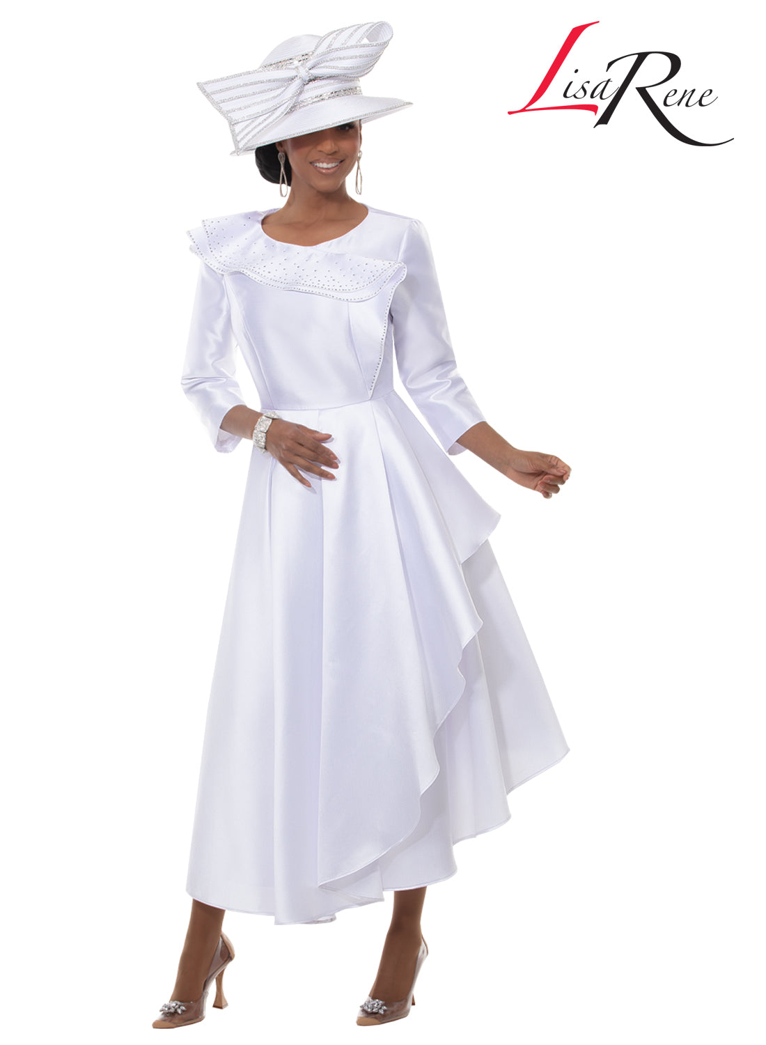 Round Neck 3/4 Sleeve Rhinestone Trim Asymmetric Ruffle Collar Pleated Dress by Tesoro Moda 3380