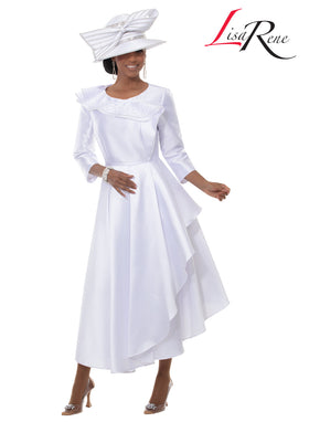 Round Neck 3/4 Sleeve Rhinestone Trim Asymmetric Ruffle Collar Pleated Dress by Tesoro Moda 3380