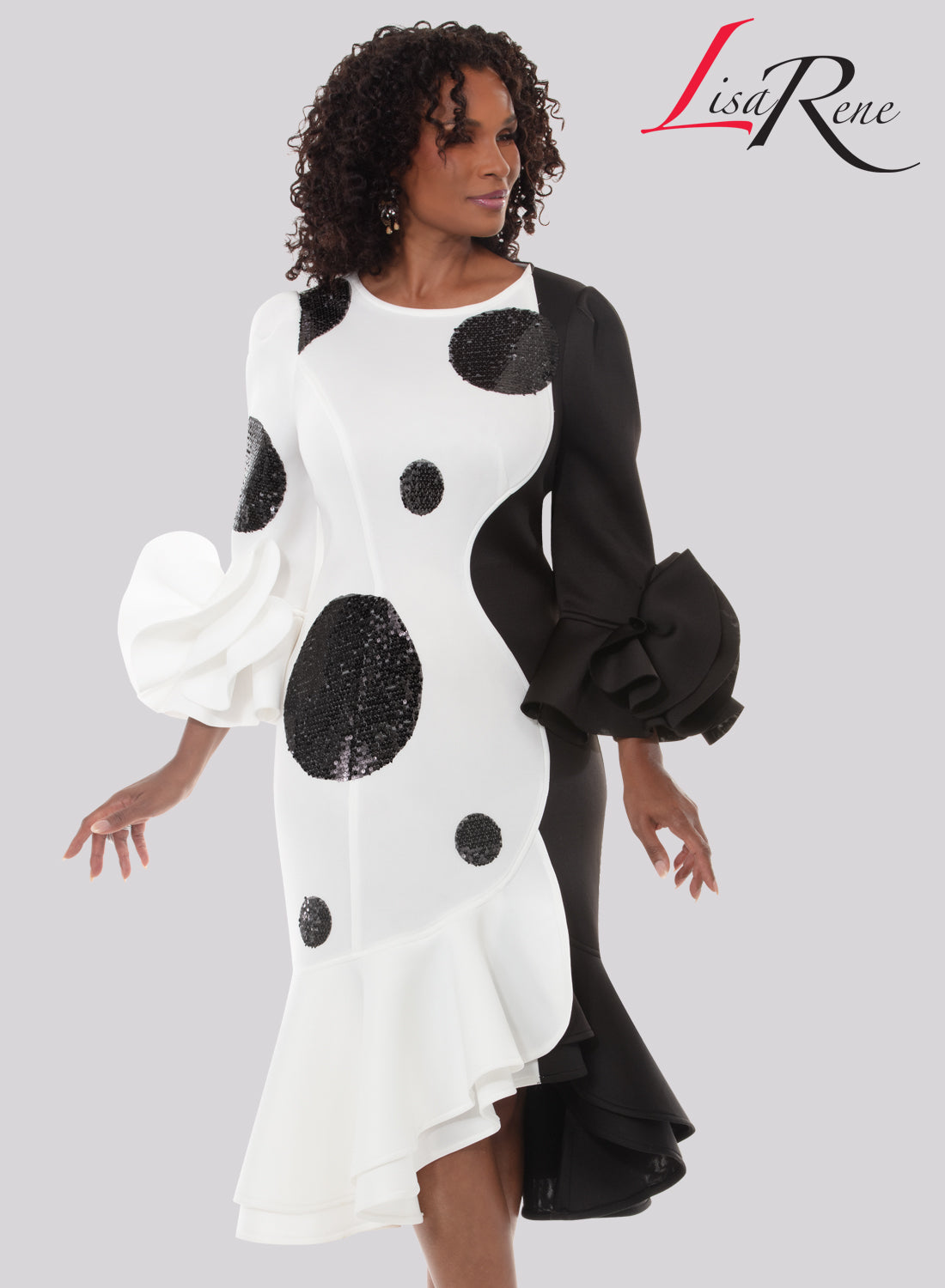 Jewel Neck Two-Tone Sequin Polka Dot Asymmetric Sleeve Ruffle Hem by Tesoro Moda 3383