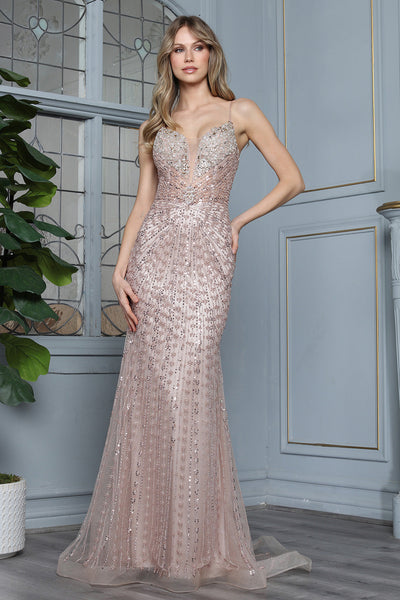 Prom Dresses Beaded Fitted Formal Long Prom Dress Adora Design 3393 Rose Gold