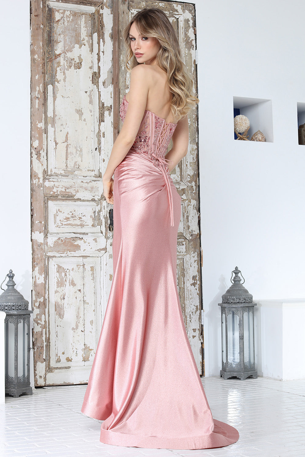 Long Formal Beaded Corset Slit Prom Dress Adora Design 3394