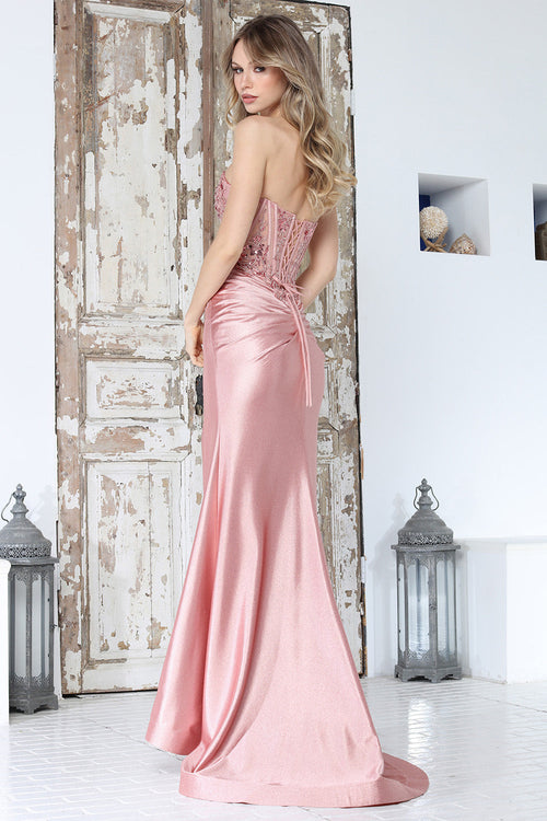 Long Formal Beaded Corset Slit Prom Dress Adora Design 3394