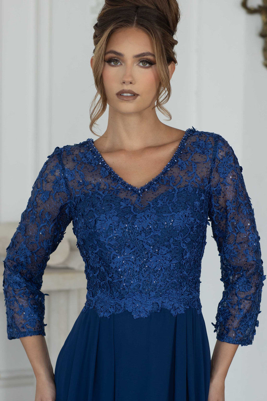 Long Formal Gown with Lace Bodice and Chiffon Skirt, 3/4 Sleeve V-Neck Dress by Lenovia 8375
