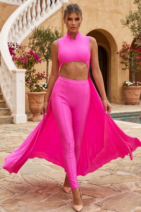 Sleeveless High Neck Cut-Out Jumpsuit with Chiffon Train Fitted Evening Outfit by Jessica Angel 863