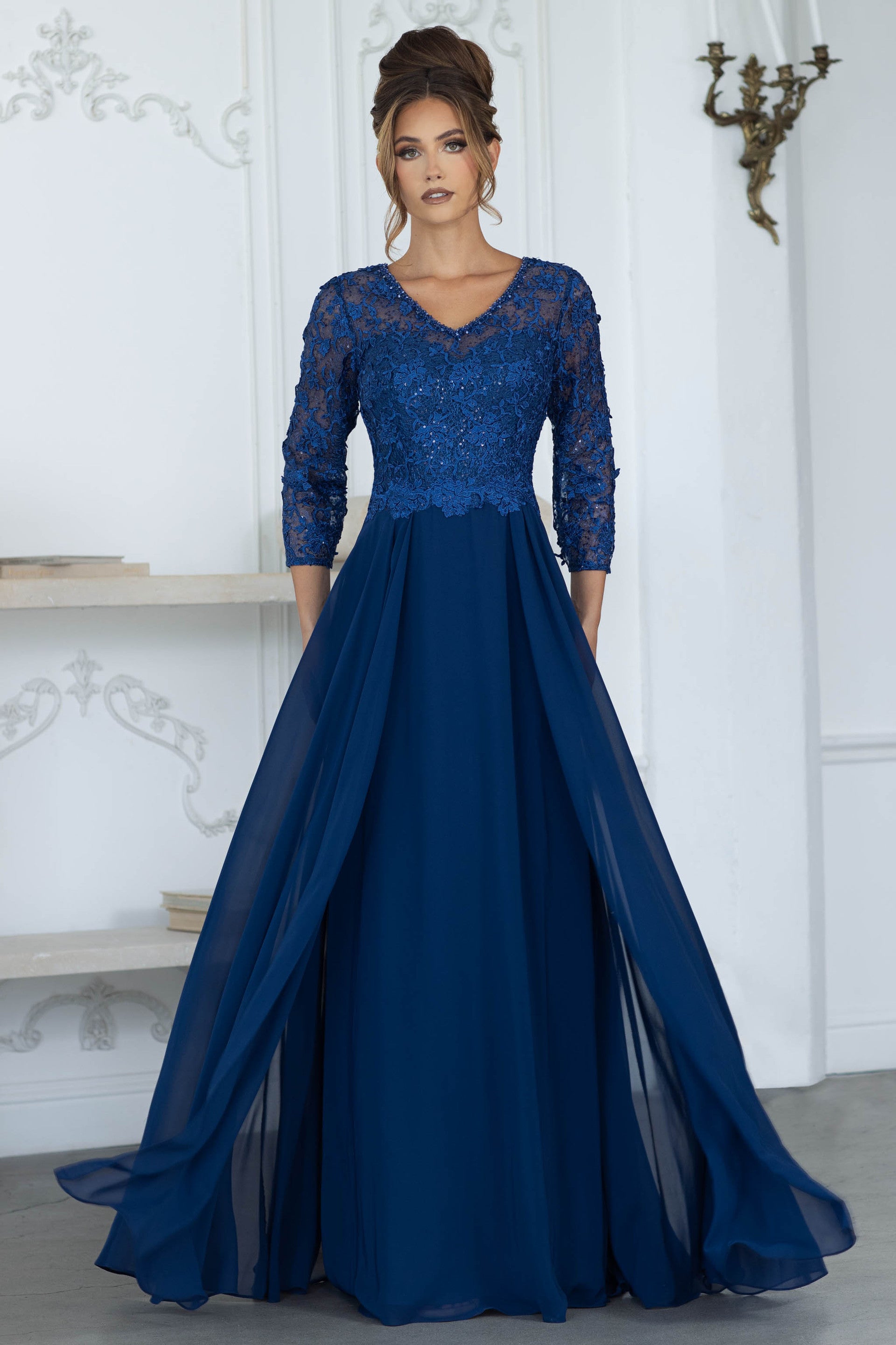 Long Formal Gown with Lace Bodice and Chiffon Skirt, 3/4 Sleeve V-Neck Dress by Lenovia 8375