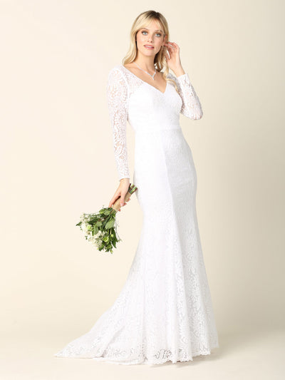 EVA USA 3407 White Ivory Lace Bridal Gown with Illusion Long Sleeves, V-Neckline, Open Back, and Sweep Train