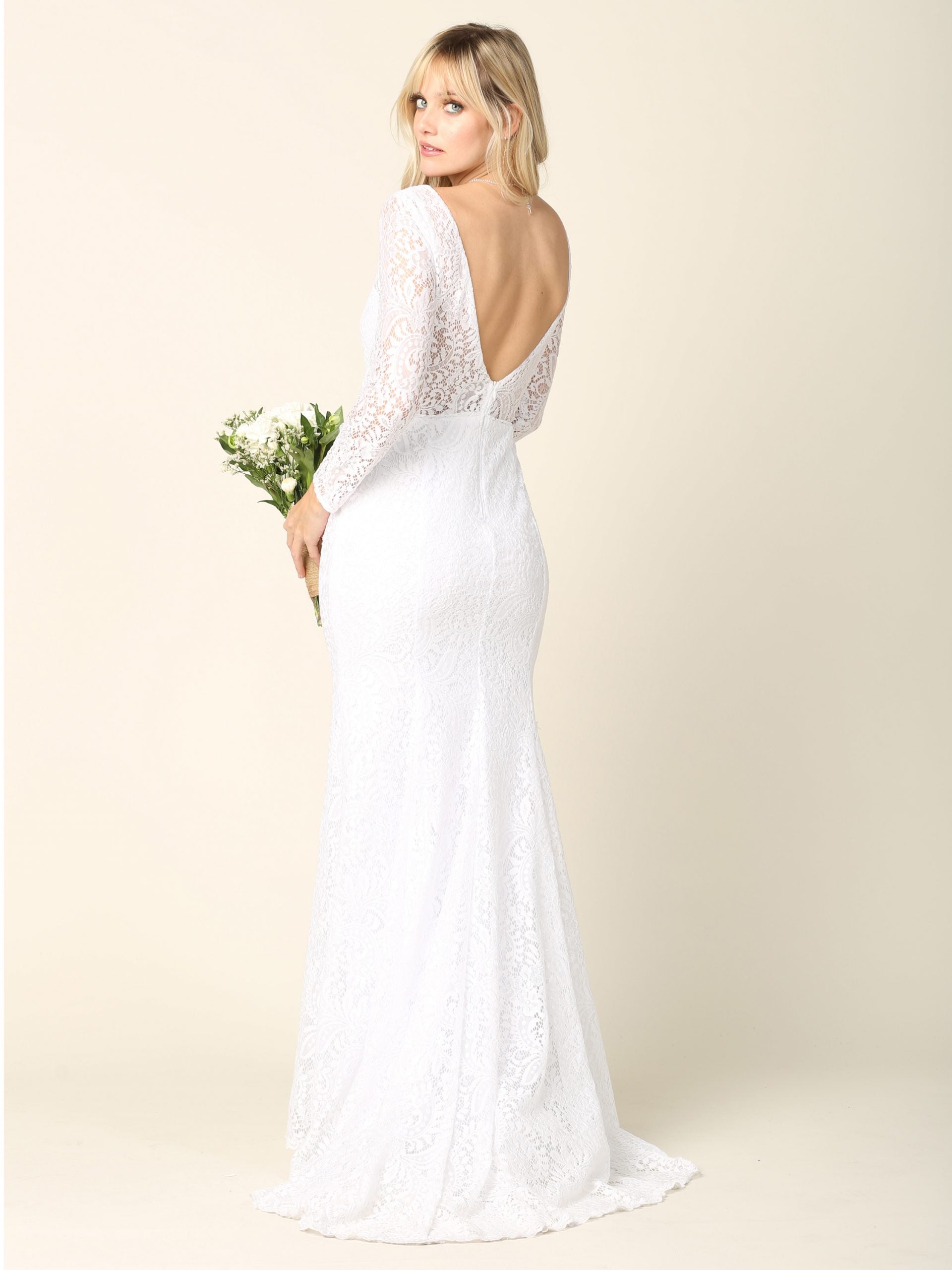 EVA USA 3407 White Ivory Lace Bridal Gown with Illusion Long Sleeves, V-Neckline, Open Back, and Sweep Train