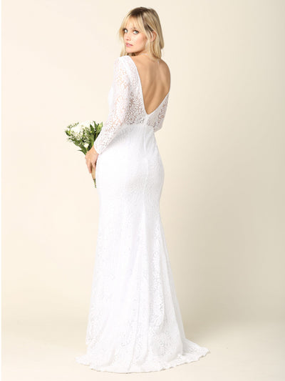 EVA USA 3407 White Ivory Lace Bridal Gown with Illusion Long Sleeves, V-Neckline, Open Back, and Sweep Train