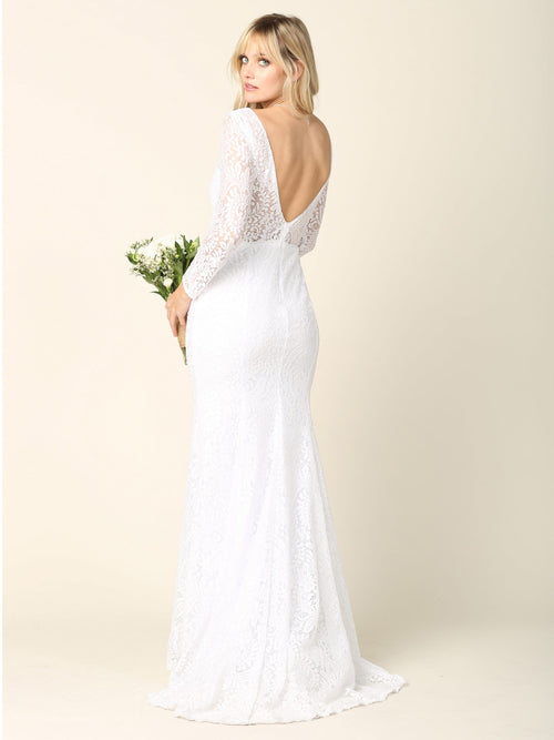 EVA USA 3407 White Ivory Lace Bridal Gown with Illusion Long Sleeves, V-Neckline, Open Back, and Sweep Train