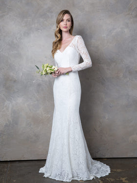 EVA USA 3407 White Ivory Lace Bridal Gown with Illusion Long Sleeves, V-Neckline, Open Back, and Sweep Train